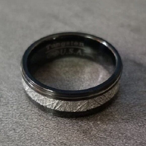Engraved Men's Real Black Tungsten Promise Ring With Meteorite Inlay - Picture 3 of 7